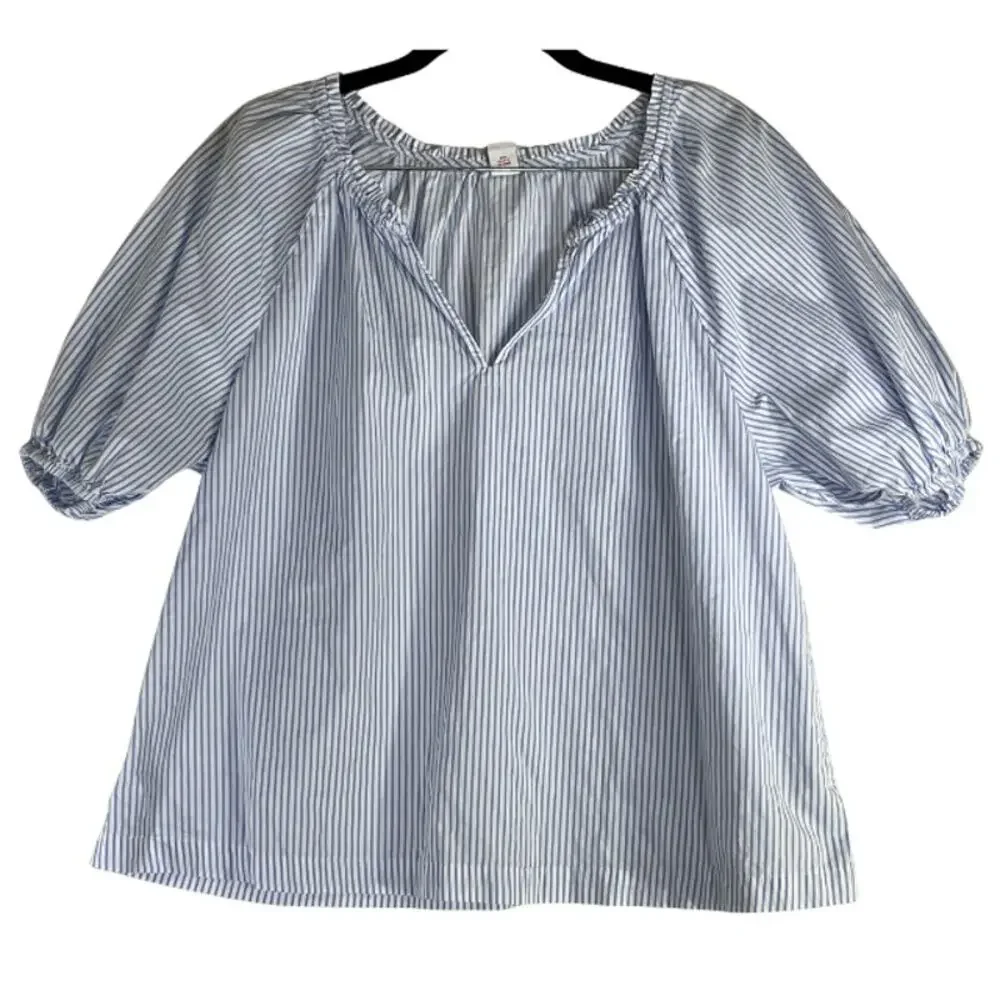 Old Navy Blue & White Striped Smocked Puff Short Sleeve V-Neck Blouse Size S